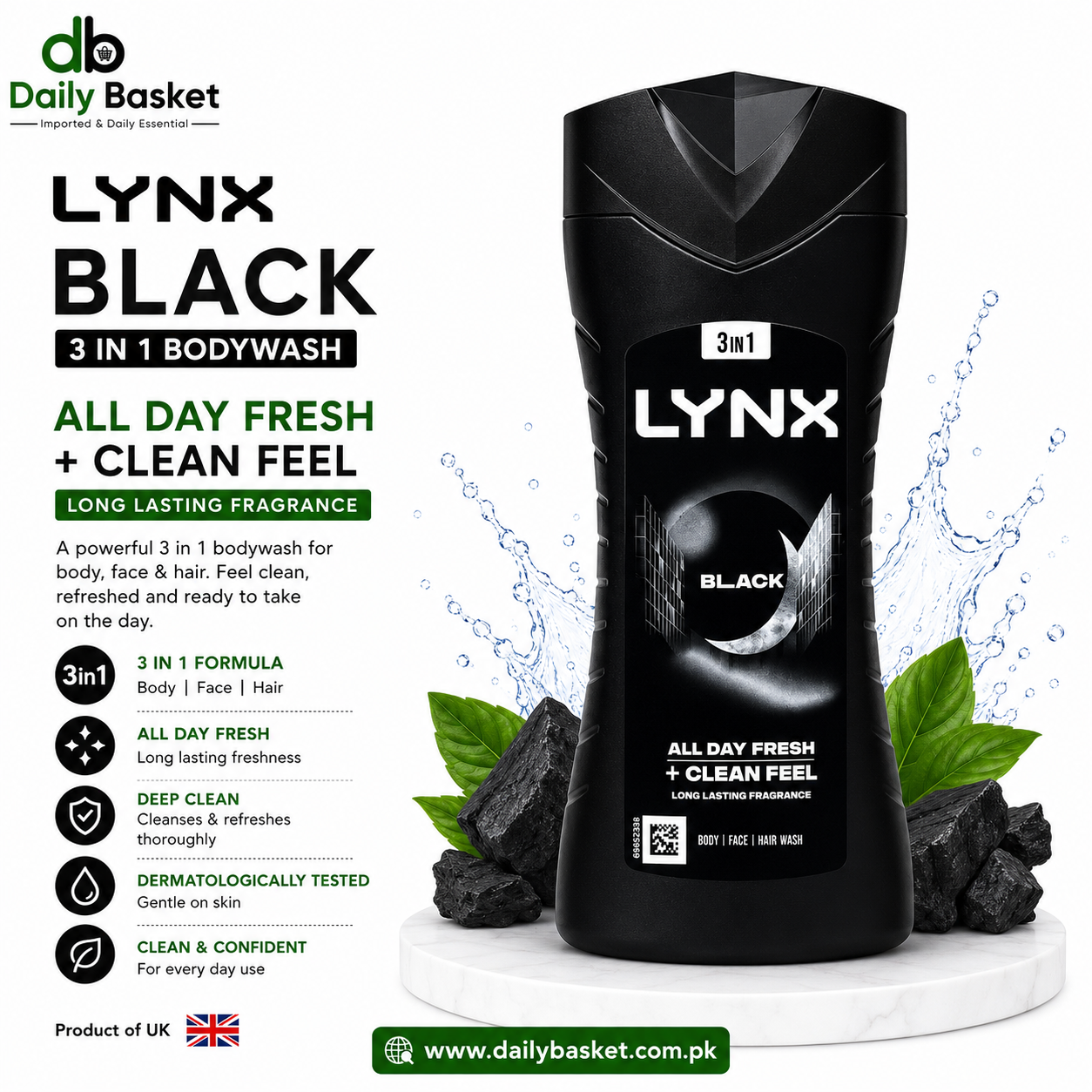 Lynx Black 3-in-1 Body Wash Body Cleanser shower gel with a frozen pear & cedarwood scent for an all day fresh & clean feel 225 ml