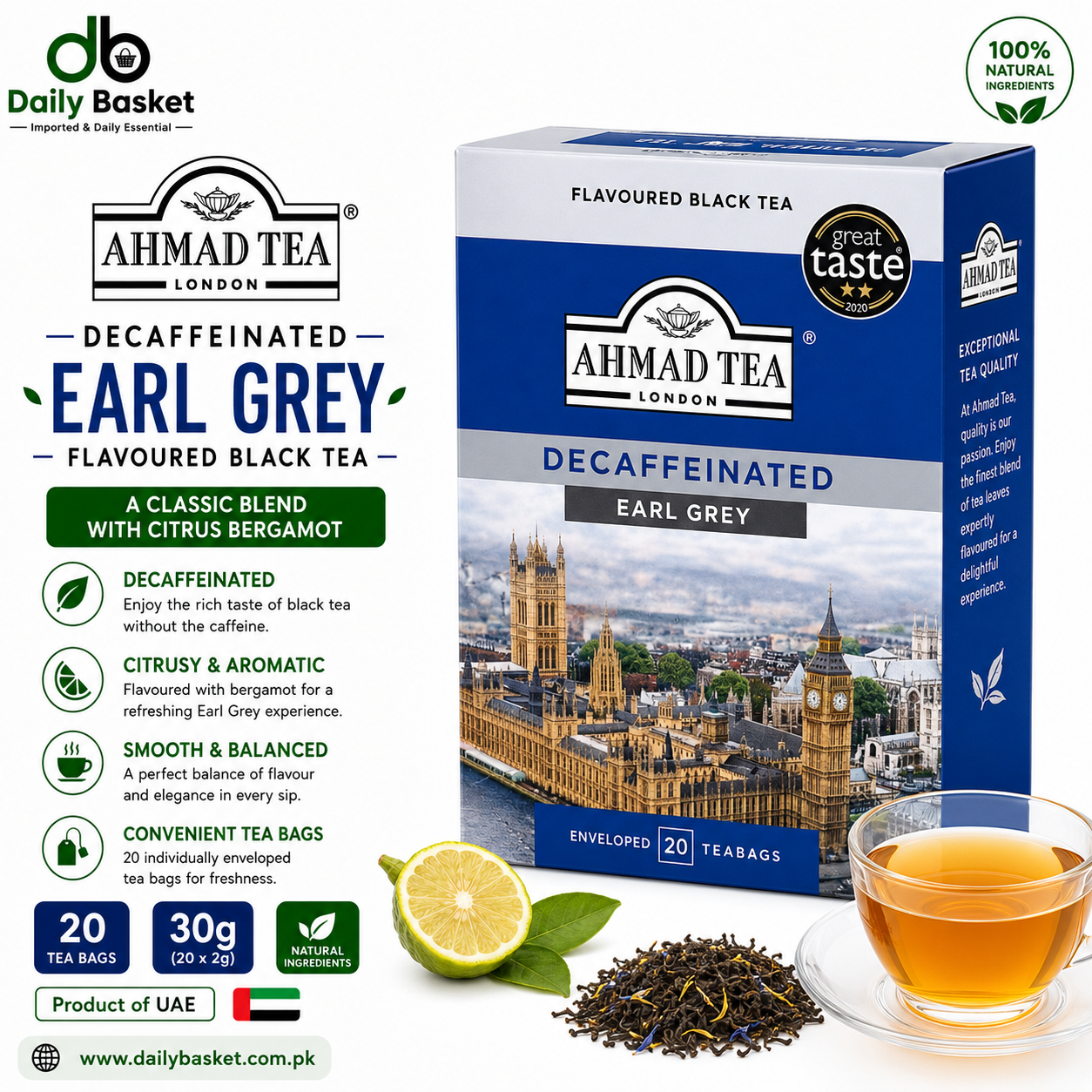 AHMAD TEA DECAFFEINATED EARL GREY 20 FOIL TEA BAGS