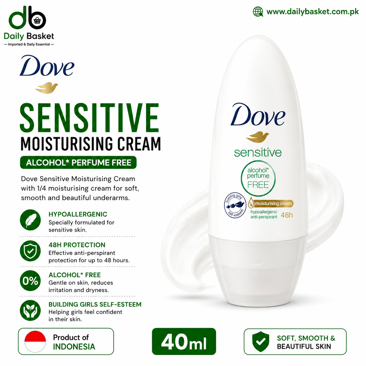 Dove Sensitive Alcohol Free Moisturizing Cream Roll On 40ml