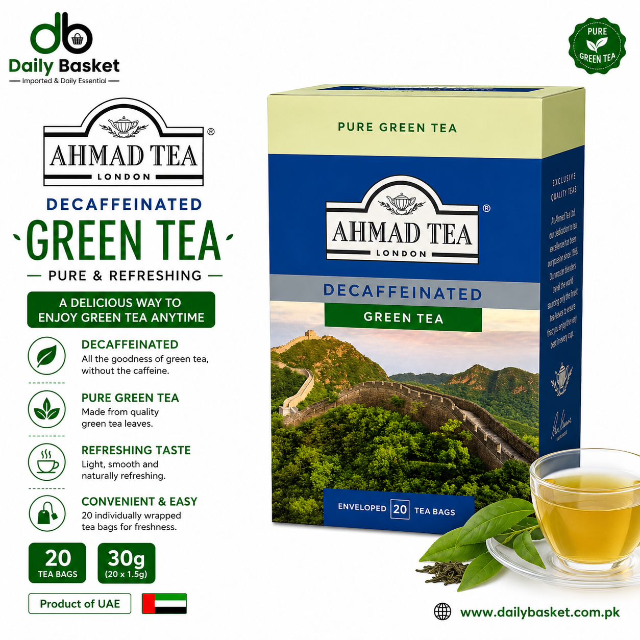 AHMAD TEA DECAFFEINATED GREEN TEA 20 FOIL TEA BAGS