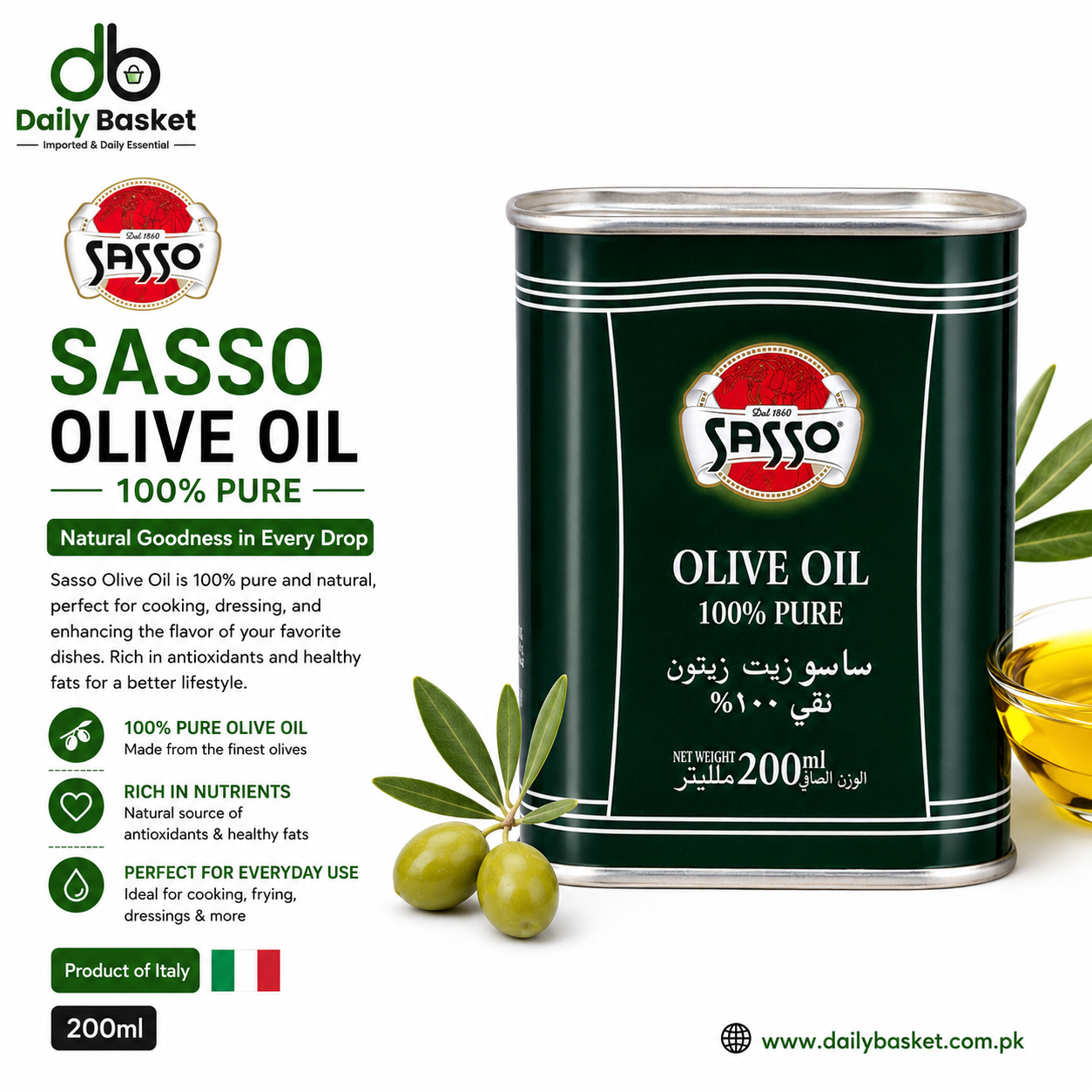 Sasoo Pure Olive Oil Tin 200ML