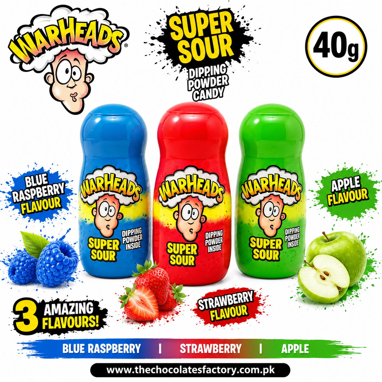 Warheads Super Sour Dipping Powder Candy 40g 3 Flavours