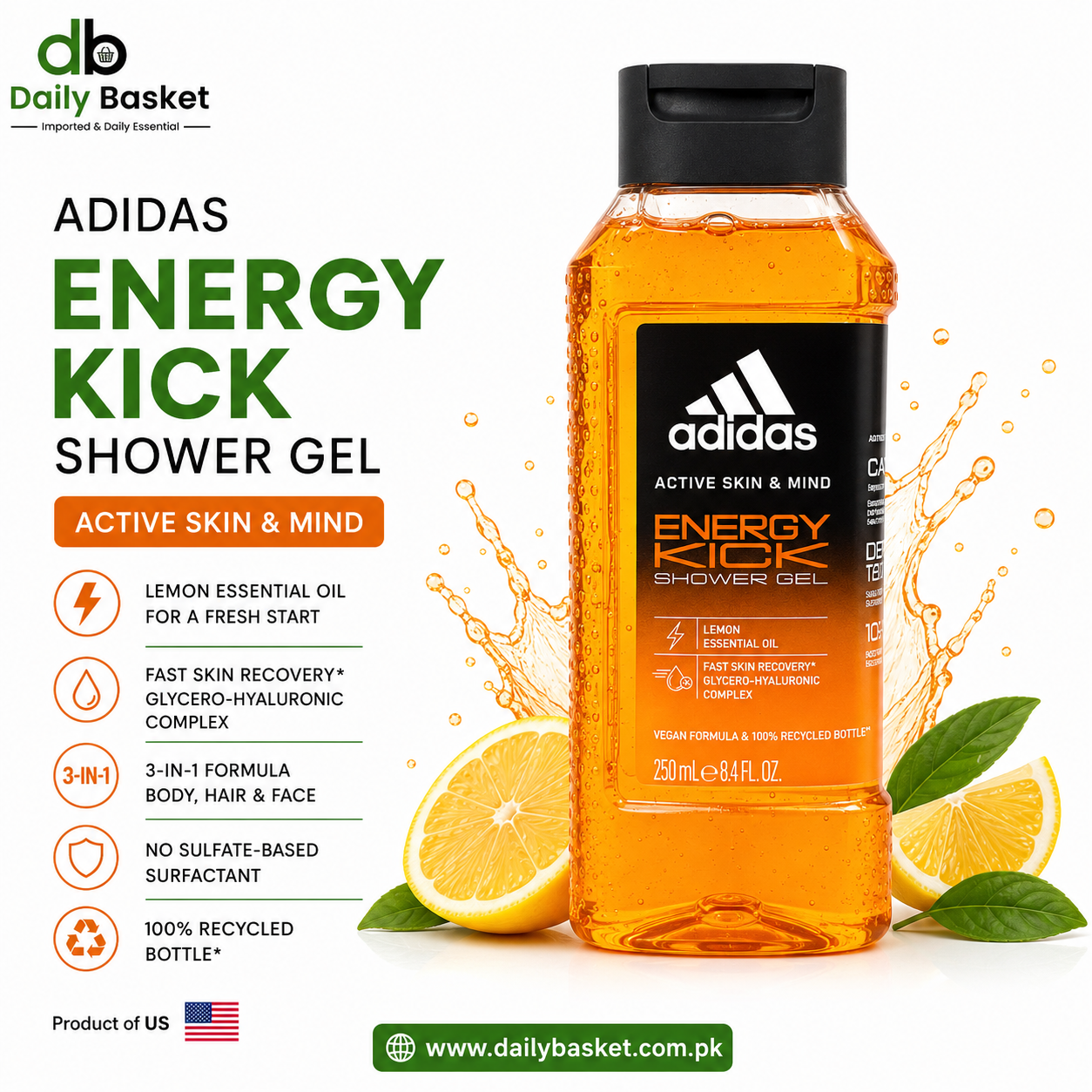 Adidas Active Skin & Mind Energy Kick Shower Gel for Men, 250ml