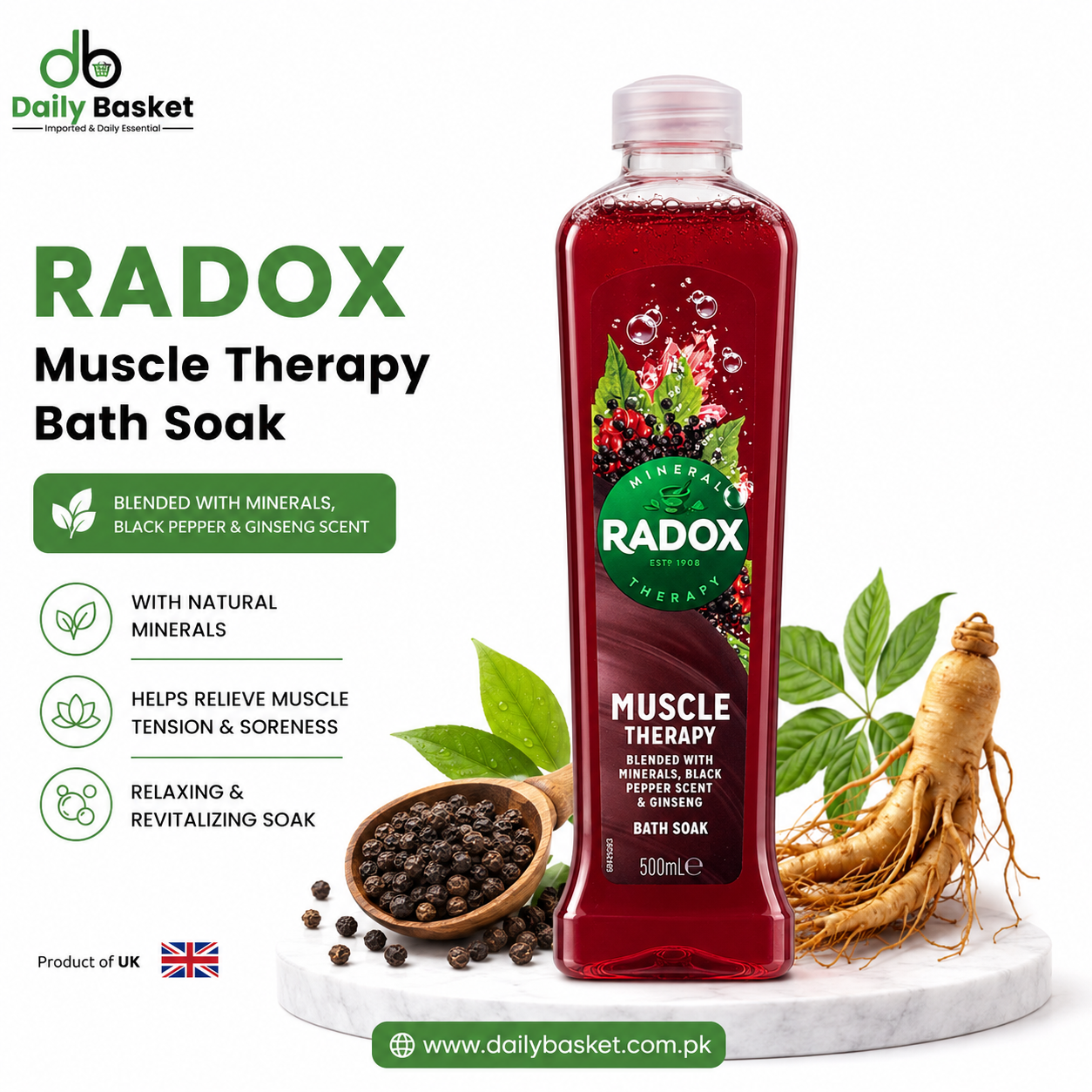 Radox - Muscle Therapy - Bath Soak (500 ml) - Black Pepper Scent, Ginseng, minerals