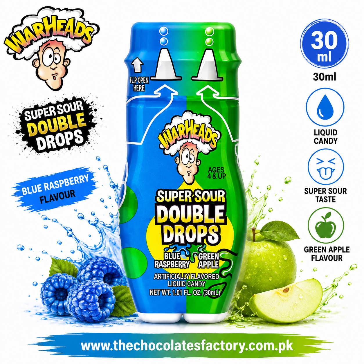 WARHEADS Super Sour Double Drops - Liquid Sour Candy 30ML - Blue Raspberry & Green Apple