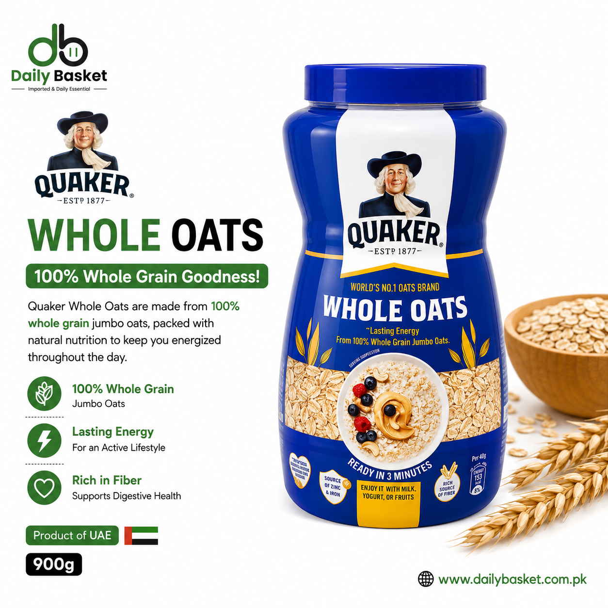 QUAKER WHOLE OATS 900 GMS PET JAR