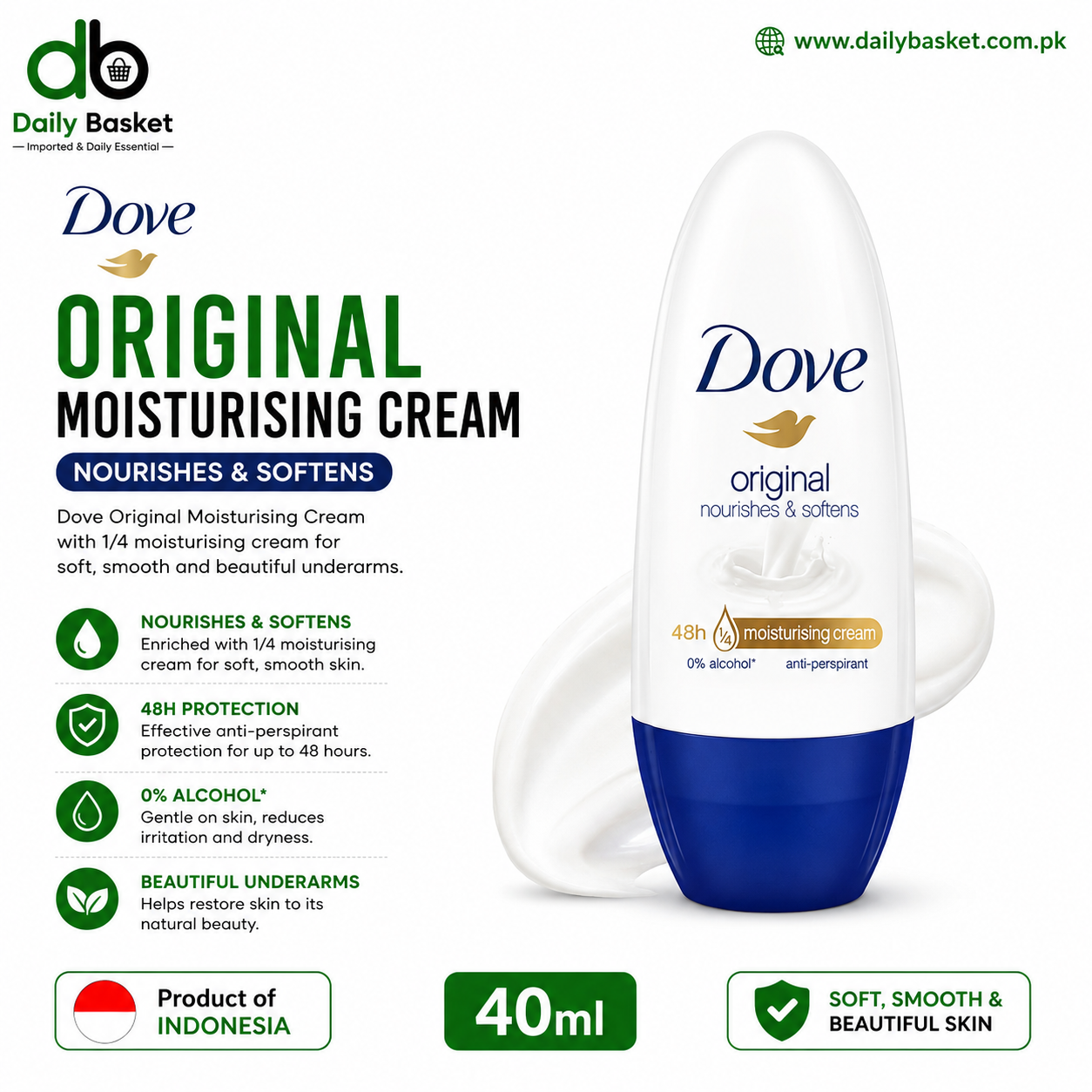 Dove Original Nourishes & Softens Moisturizing Cream Roll On 40ml