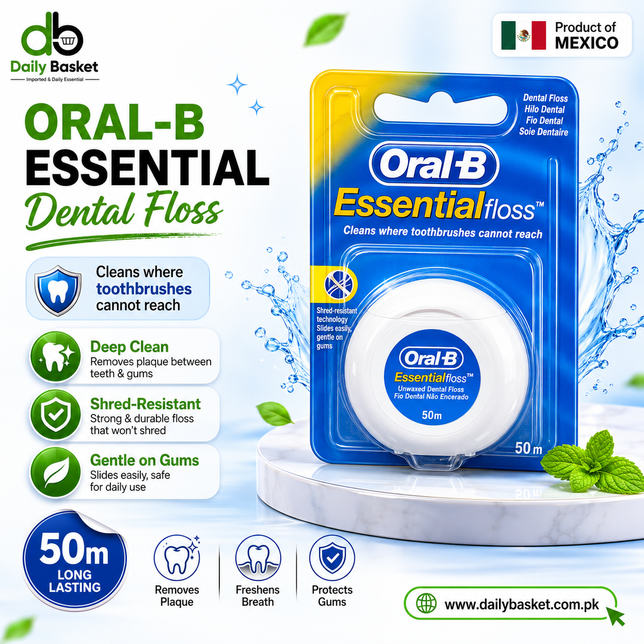Oral-B Essential Floss, Unwaxed Shred-Resistant Dental Floss 50M, 1 Count
