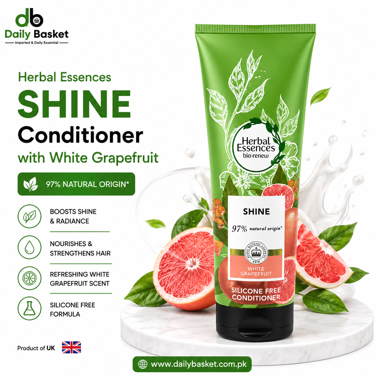 Herbal Essences Bio Renew Shine White Grapefruit Conditioner, Silicone Free, 275ml