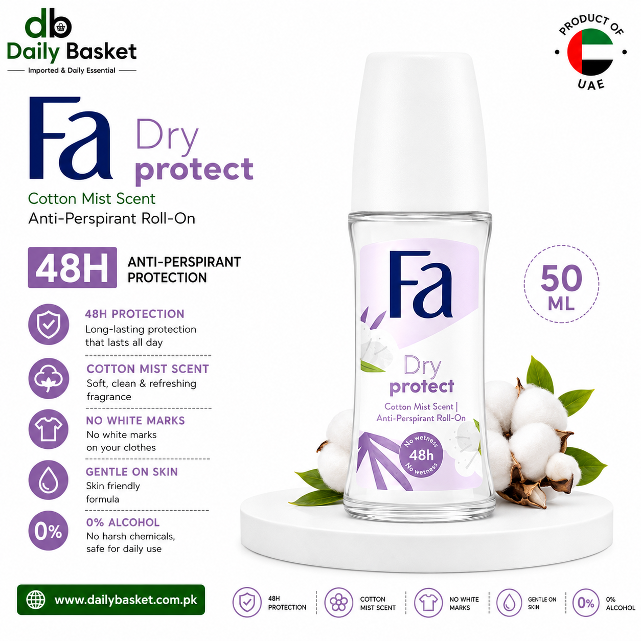 FA Roll on Anti-Perspirant Dry Protect Cotton Mist Scent 50ml