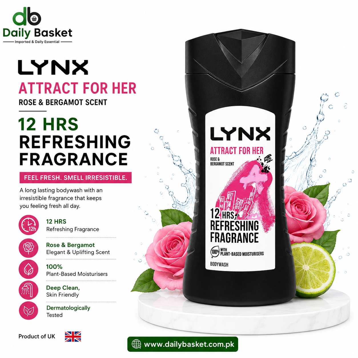 LYNX SHOWER GEL ROSE & BERGAMOT ATTRACT FOR HER 225 ML