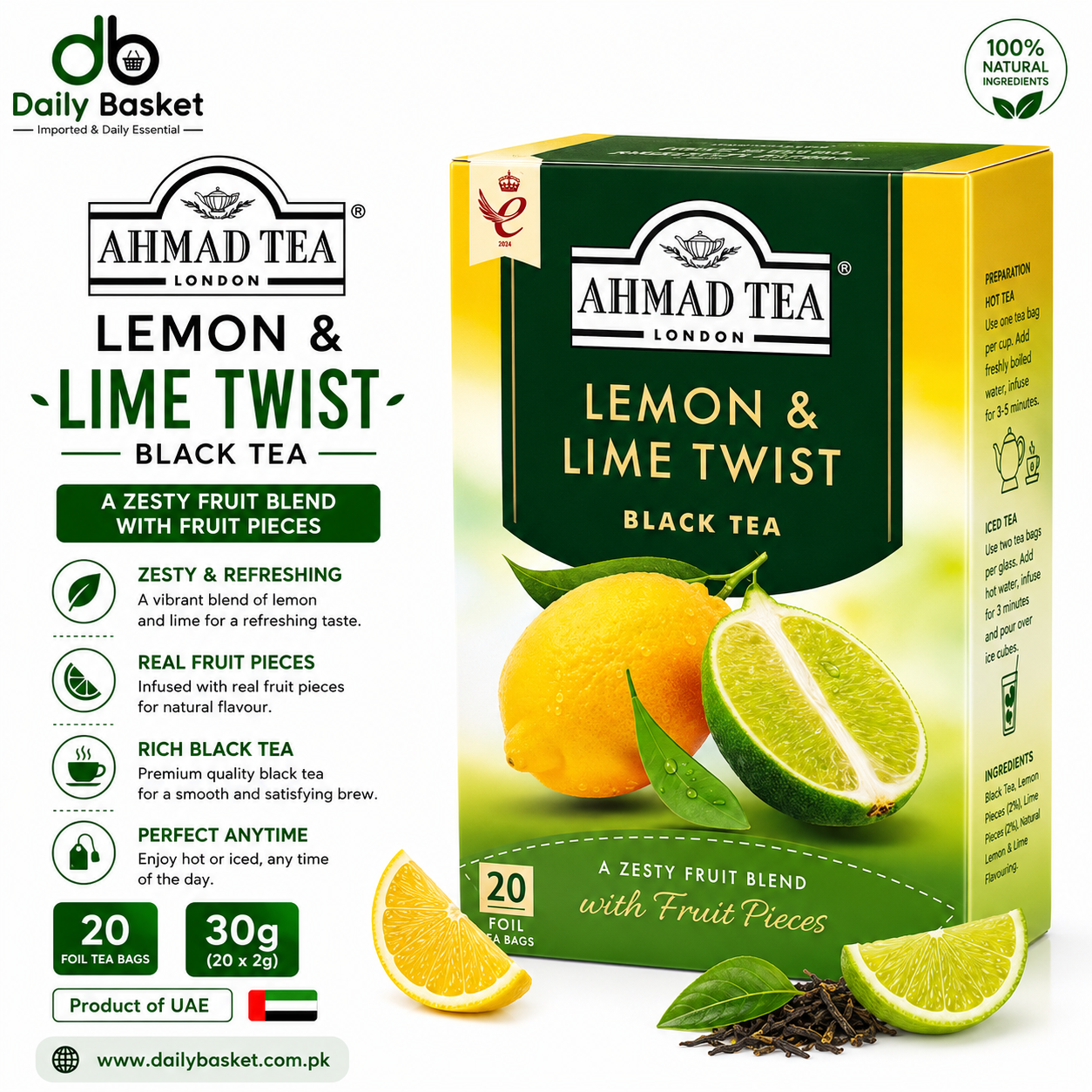 Ahmad Tea London, Lemon & Lime Twist, Black Tea, 20 Tea Bags