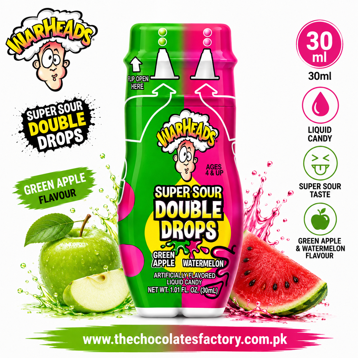 WARHEADS Super Sour Double Drops - Liquid Sour Candy 30ML - Green Apple & Watermelon