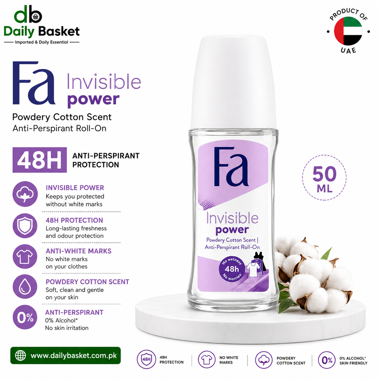 FA ROLL ON INVISIBLE POWER POWDERY COTTON SCENT 50 ML