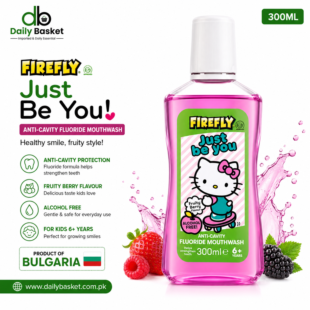 Firefly Just Be You Anti-Cavity Fluoride Mouthwash, Fruity Berry Flavor, Ages 6+300 ml