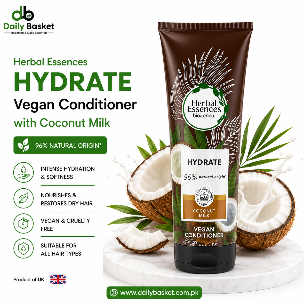 Herbal Essences Bio Renew Coconut Milk Hydrating Vegan Hair Conditioner, For Dry Hair, 275ml