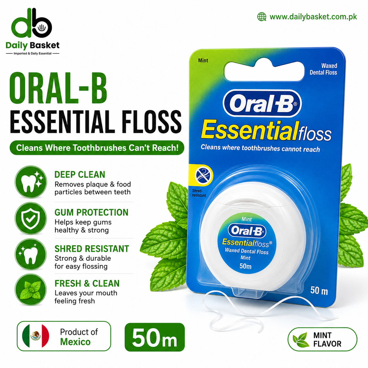 Oral-B Essential Floss, Unwaxed Shred-Resistant Dental Floss mint - 1 Count 50ml