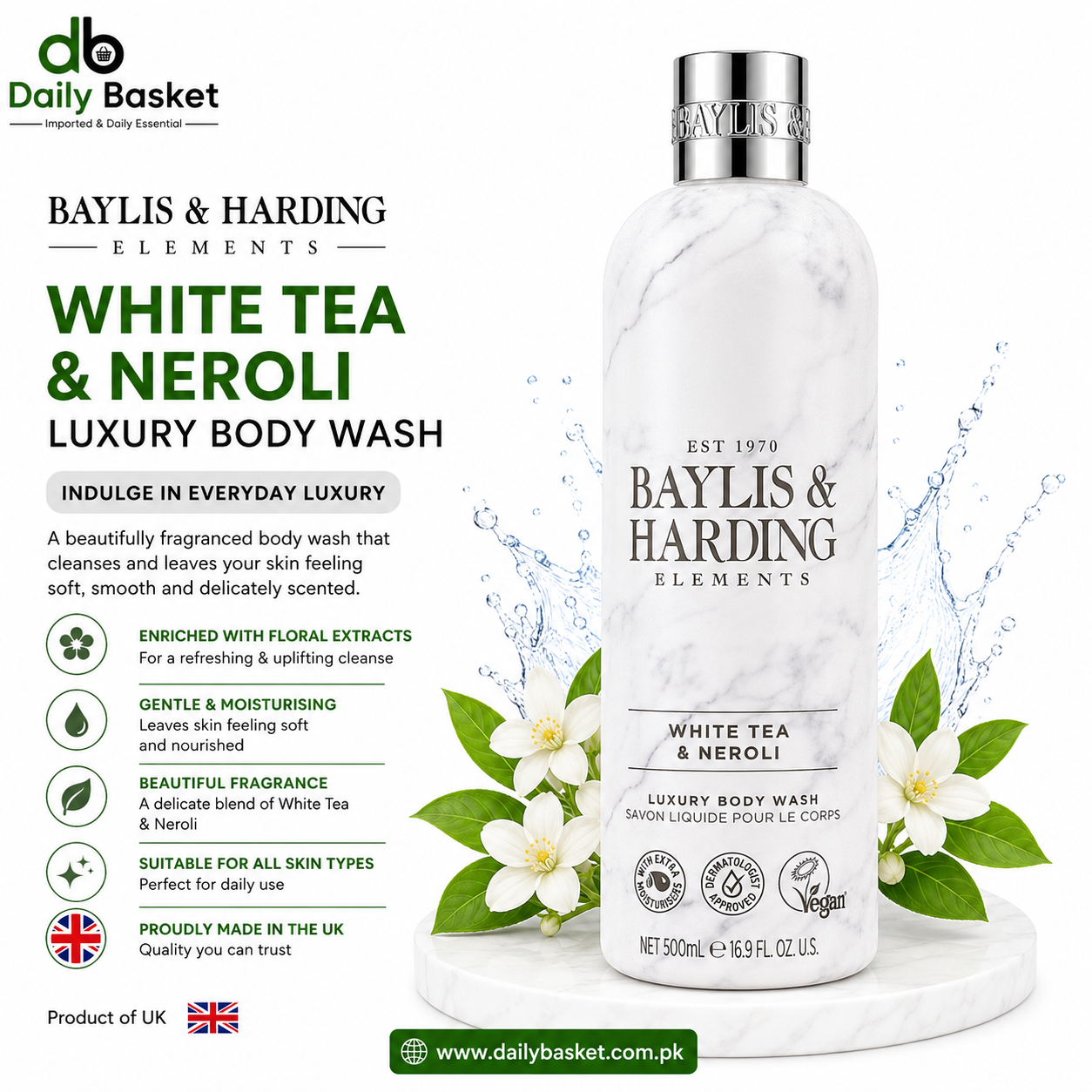 Baylis & Harding White Tea & Neroli luxury body wash, 500 mL