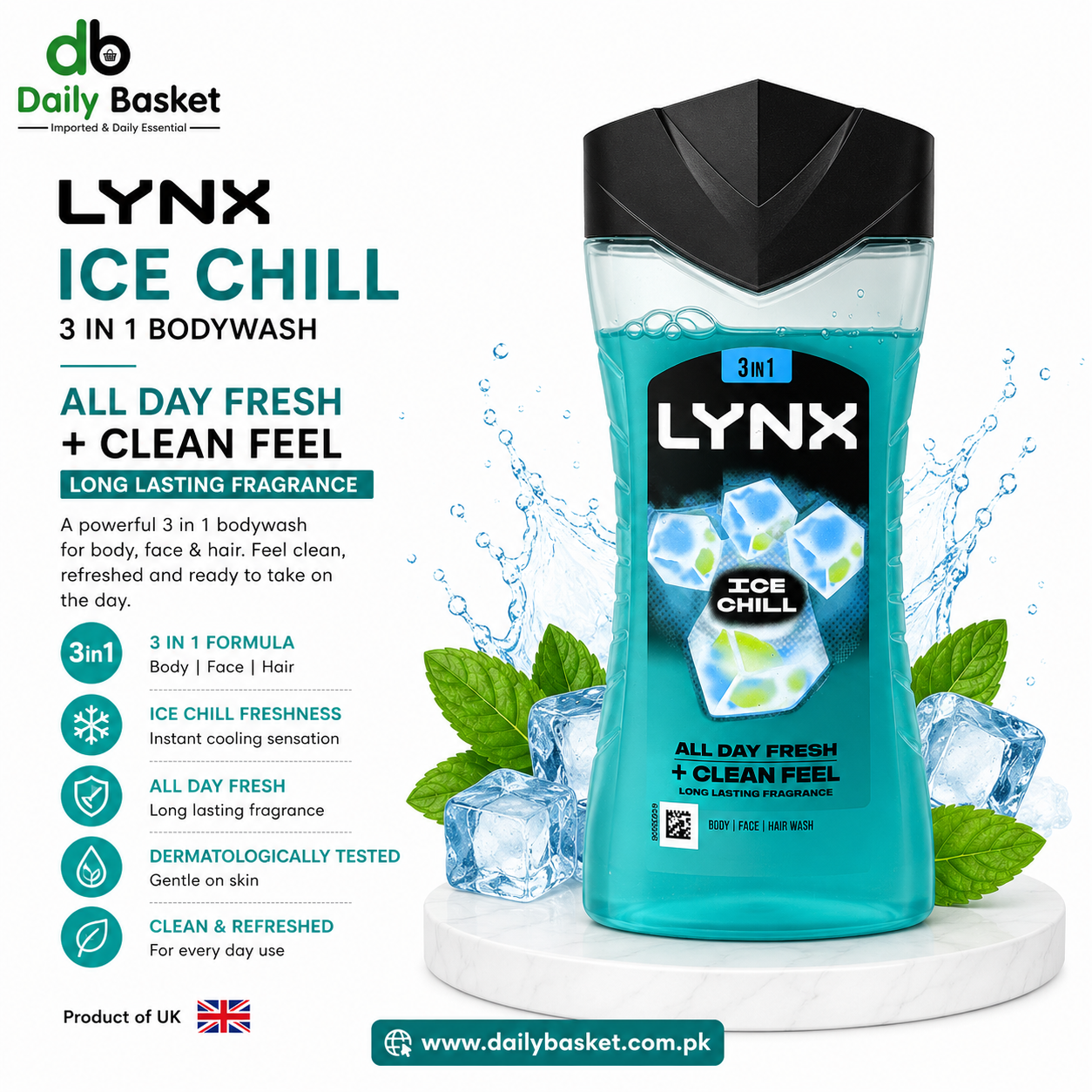 LYNX BODY WASH ICE CHILL 3IN1 ALL DAY FRESH 225 ML