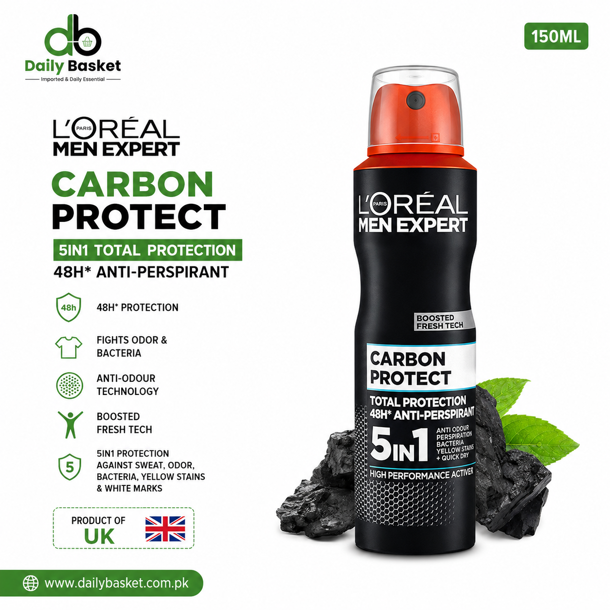 LOREAL MEN EXPERT DEODORANT CARBON PROTECT 5IN1 150 ML