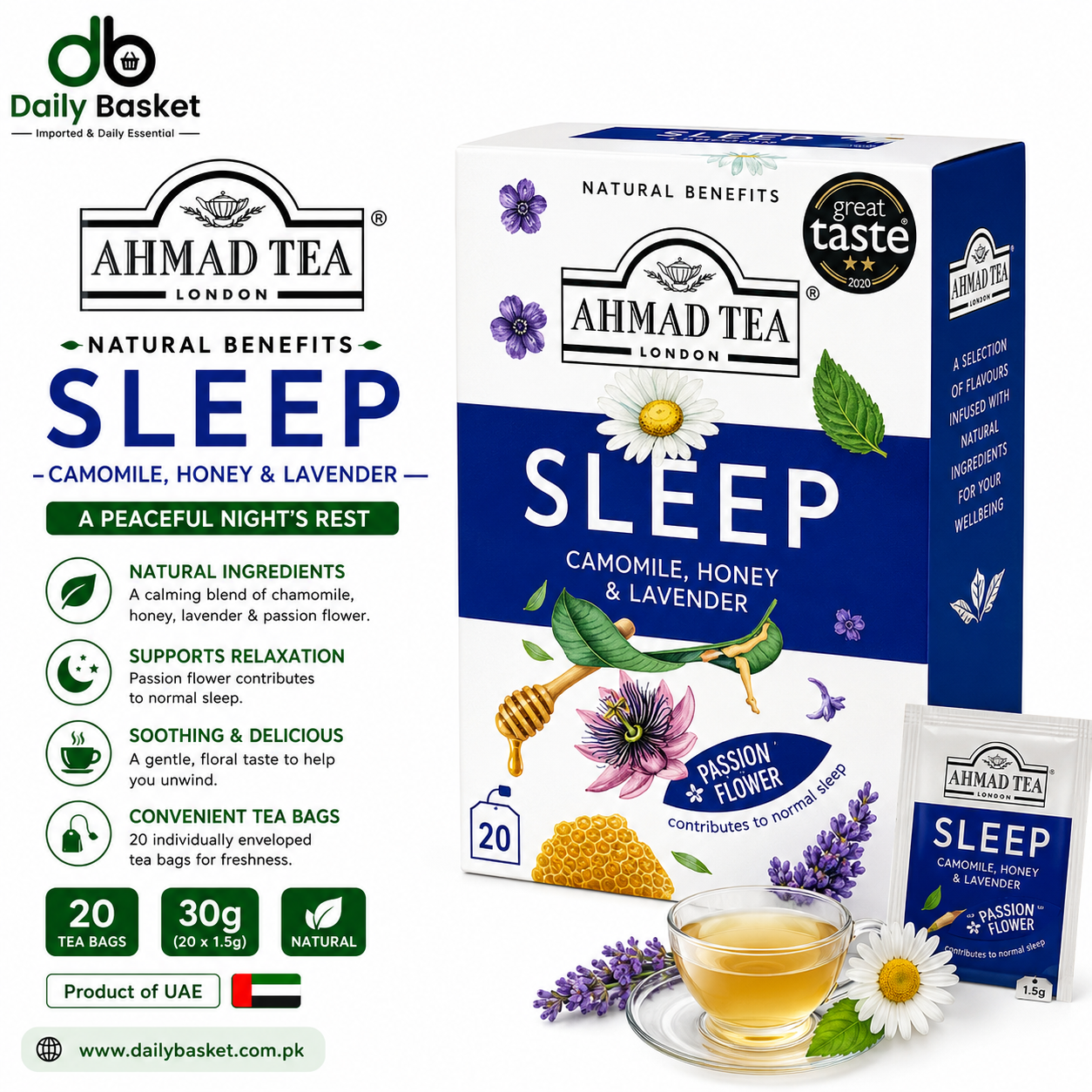 AHMAD TEA SLEEP CAMOMILE, HONEY & LAVENDER 20 FOIL TEA BAGS