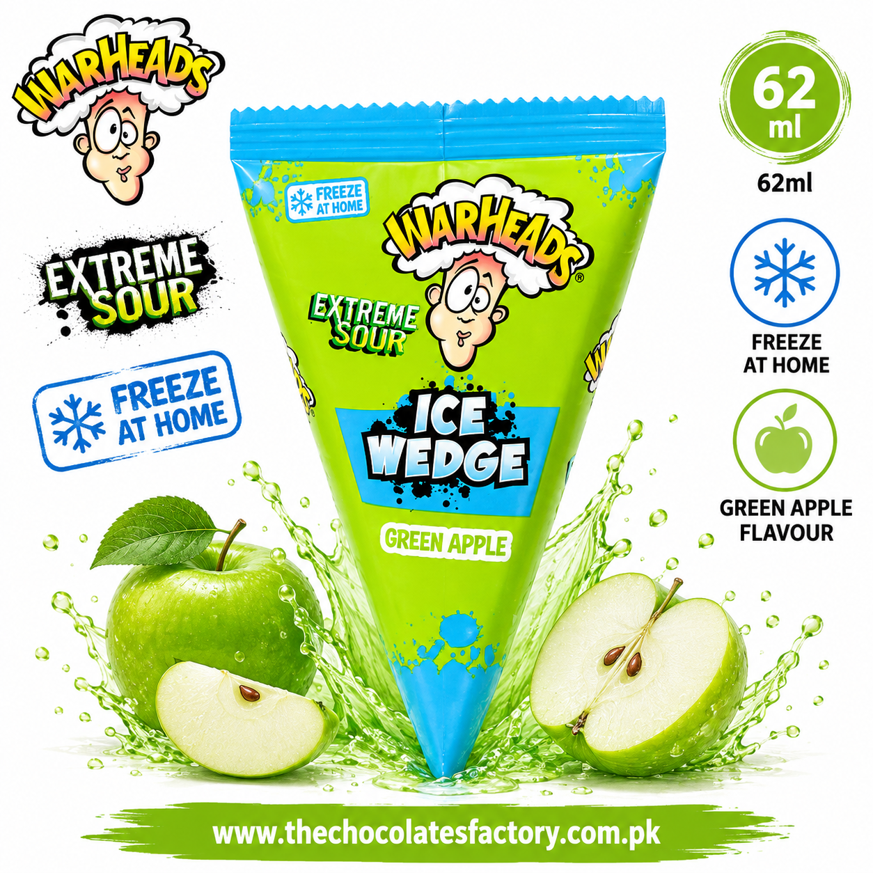 Warheads Extreme Sour Ice Wedge Freezable Wedges 62ML - Green Apple