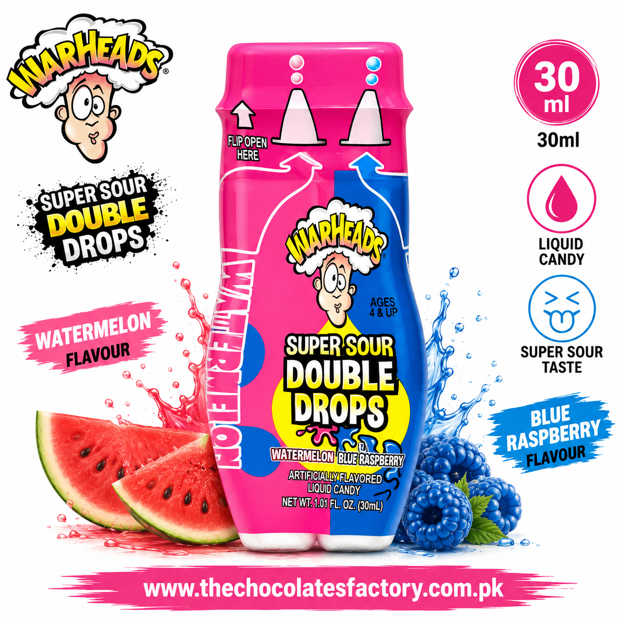 WARHEADS Super Sour Double Drops - Liquid Sour Candy 30ML - Watermelon & Blue Raspberry