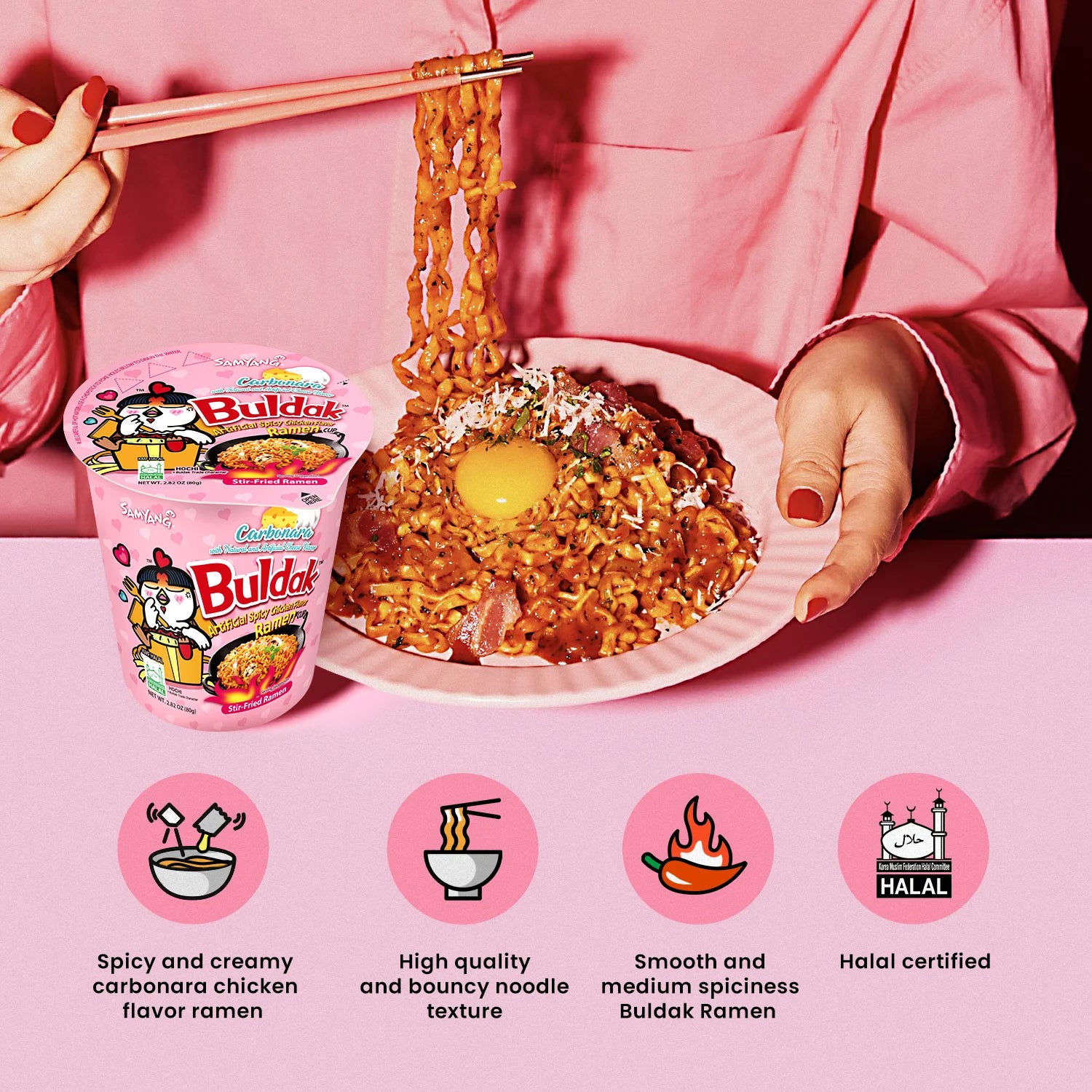 SAMYANG Carbonara Buldak Chicken Flavor Ramen Cup: Creamy Spice in Every Bite!