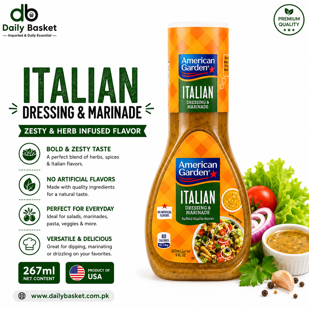 American Garden Italian Dressing & Marinade Lite, Gluten-Free, Dairy-Free, 267ml