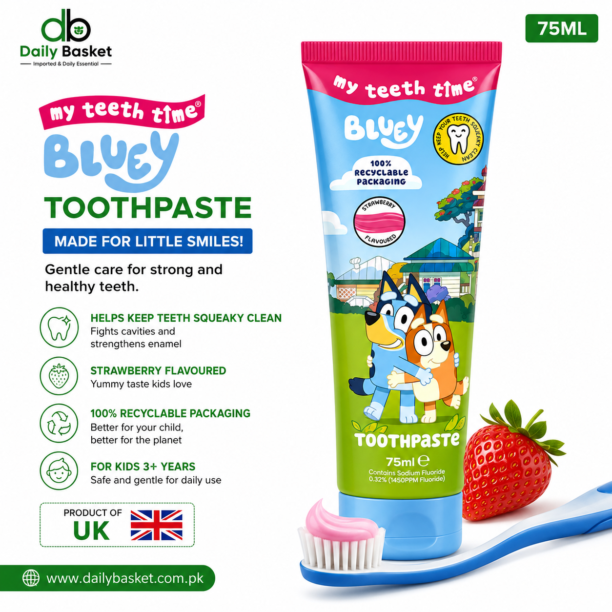 Kids Bluey Toothpaste: Fluoride Protection, Strawberry Flavor, Sugar-Free Formula, 75 ml Tubes