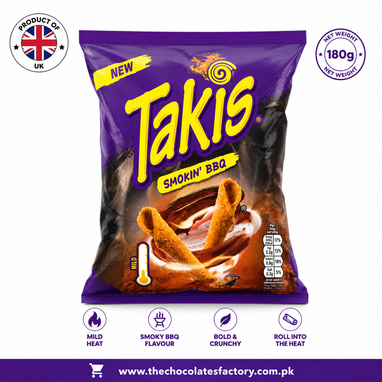 Takis Smokin' BBQ Rolled Tortilla Chips, BY FEBORA, Bold BBQ Flavour Snack, 180G